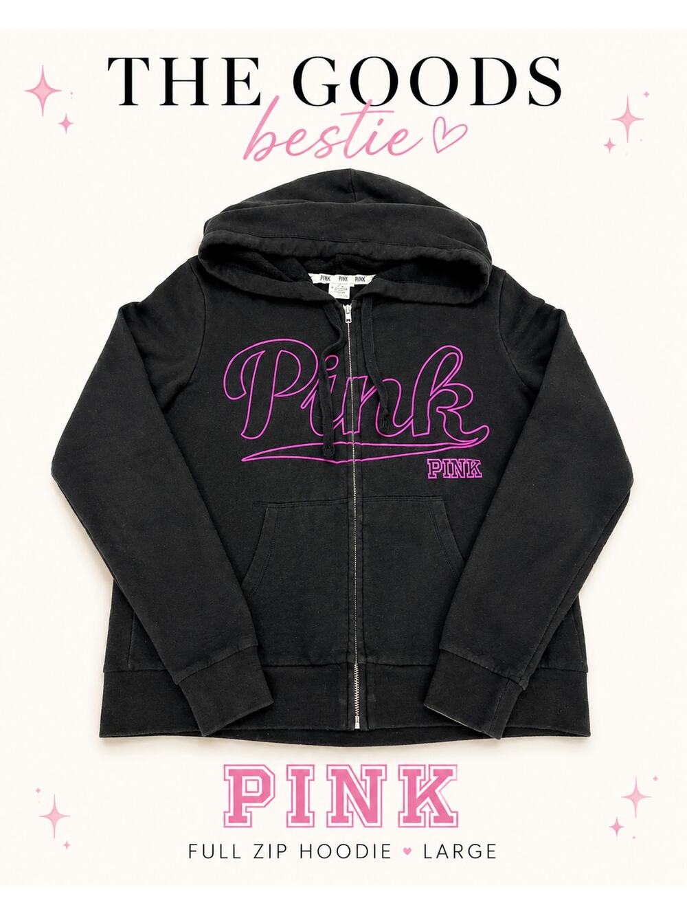 Victoria's Secret PINK Black Full Zip Hoodie Large Pink Spellout Fleece